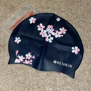 Dark navy blue floral swimming cap